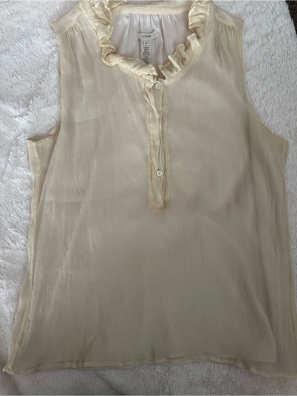 J. Crew Cream Silk Shell with Ruffle Neck